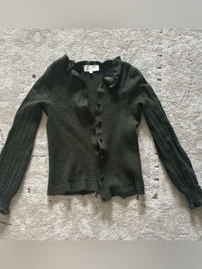 *shrunk* Sezane Olive Green Ruffled-Trim Button Cardigan